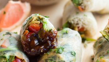 Brussels Sprout and Avocado Winter Rolls with Grapefruit Hoisin Dipping Sauce
