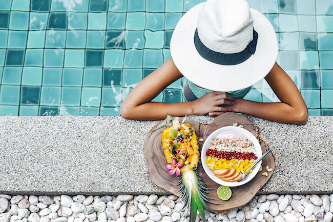 Fruit and smoothie bowl poolside